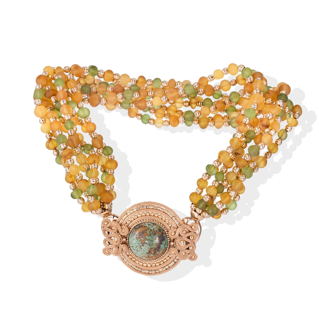Amber Cascade: 18K Gold Turquoise Statement Necklace