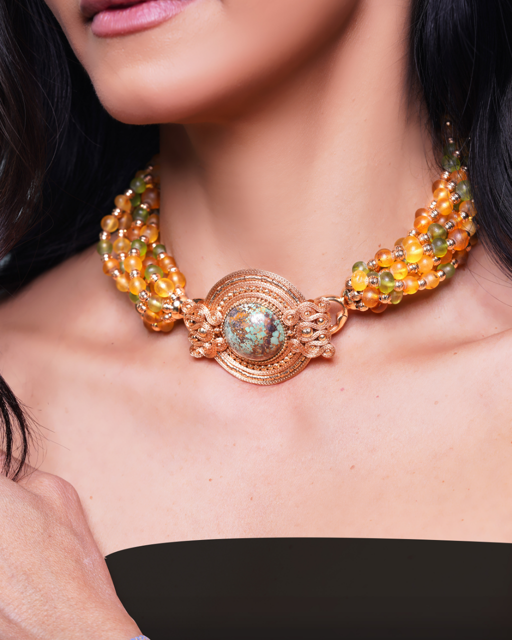 Amber Cascade: 18K Gold Turquoise Statement Necklace